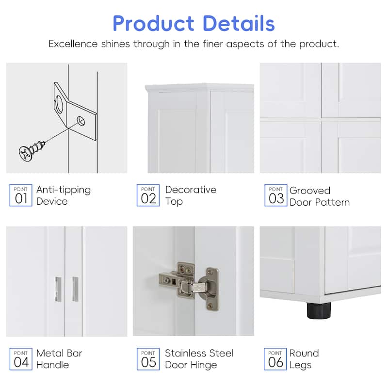Roomfitters Tall and Wide Bathroom Storage Cabinet with 4 Doors Adjustable Shelves Freestanding Floor Organizer, White