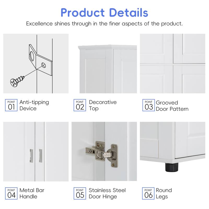 Tall and Wide Bathroom Floor Storage Cabinet, Bathroom Storage Unit, Freestanding Cabinet with 4 Doors, Adjustable Shelves