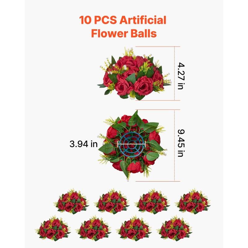 Red Silk Rose Flower Balls Set of 10 with Stable Base for Decor - 9.45 x 9.45 x 4.27 inch