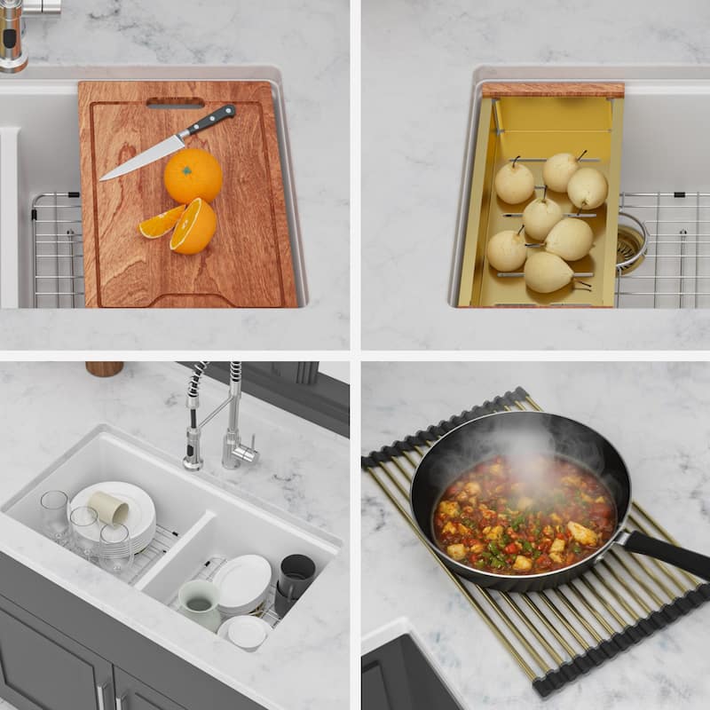 Undermount Double Bowl Quartz Kitchen Sink in White - 33'' x 19'' x 9.65''