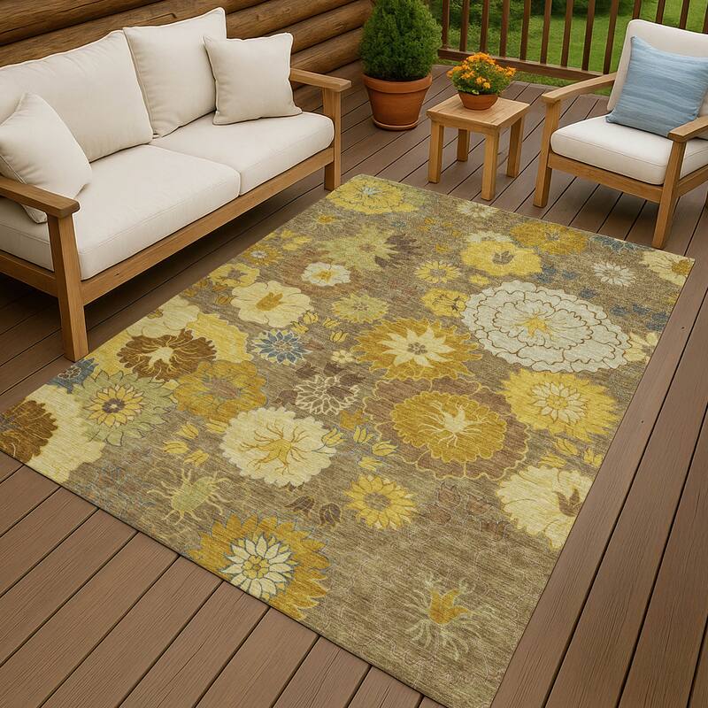 Machine Washable Indoor/ Outdoor Modern Floral Chantille Rug
