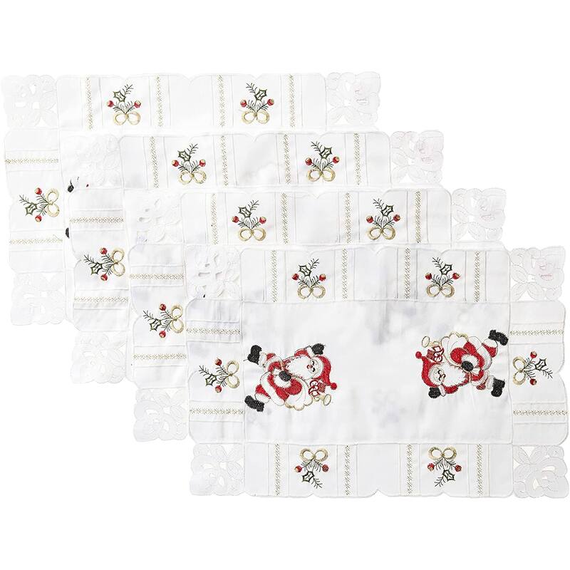 Violet Linen Santa Claus Holly Bows Embroidery Pattern, Polyester Cutwork, Set of 4, Decorative Place Mats - 12" X 18" - White