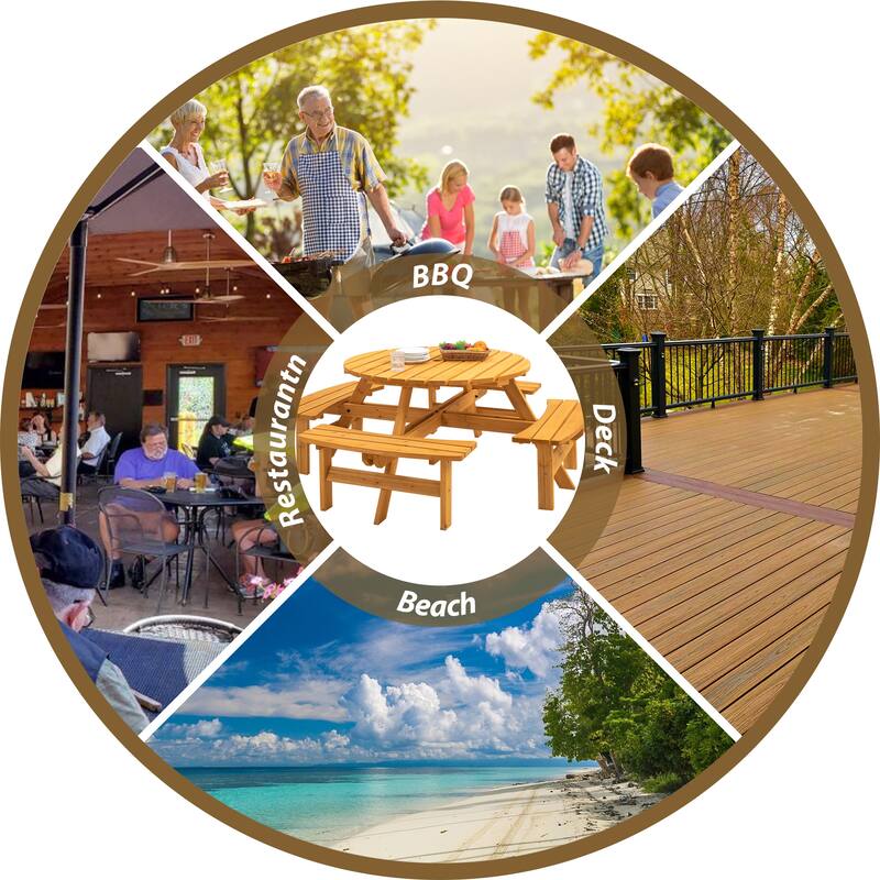8 Person Wooden Picnic Table - Outdoor Camping Dining Table with Seat, Garden DIY with 4 Built-in Benches, 2220 lb Capacity
