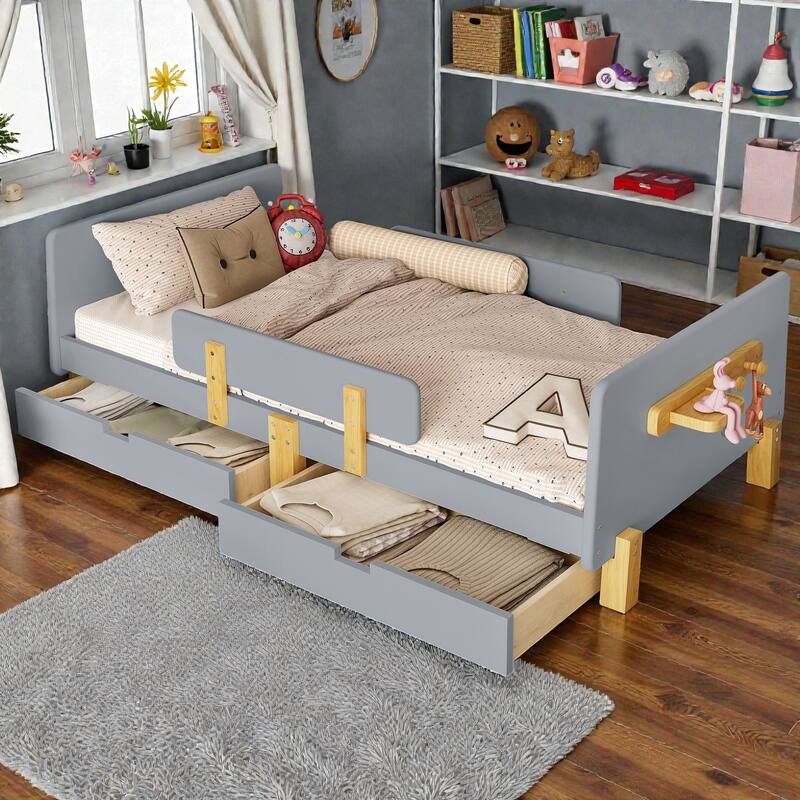 Twin/Full Wood Platform Bed with Storage Drawers, Guardrail, Shelf & Hooks, Solid Wood Frame, No Box Spring Needed
