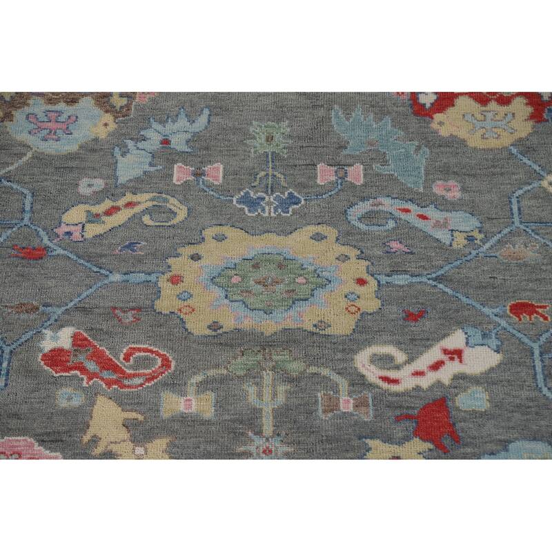 Gray Floral Oushak Oriental Area Rug Hand-Knotted Wool Carpet - 9'0"x 11'9"