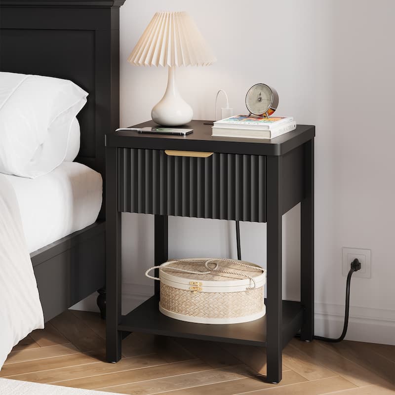 Nightstand with Drawers Fluted Bedside Table with Charging Station