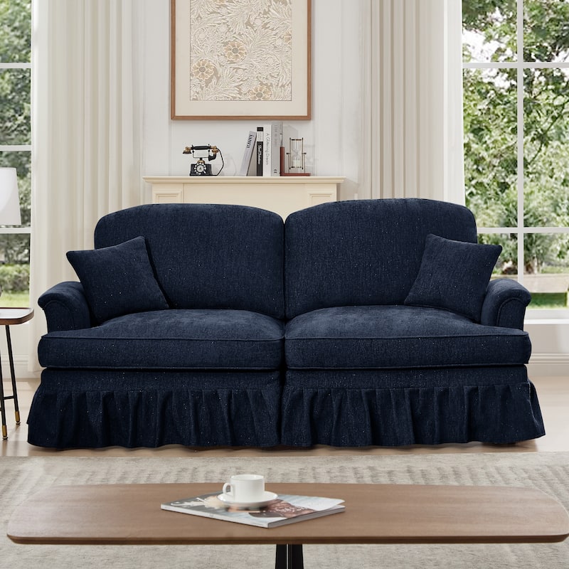 Mid-Century 2-Seat Sofa Couch with Flared Arms & Removable Ruffled Skirts, Retro Chenille Upholstered Loveseat for Living Room - Blue