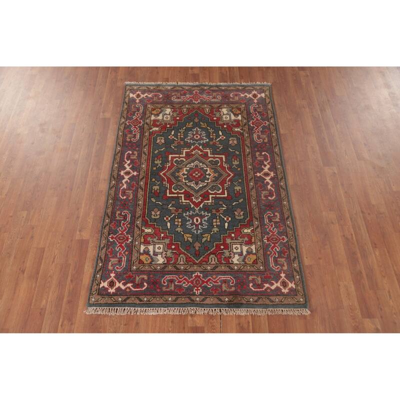 Geometric Heriz-Serapi Oriental Foyer Rug Hand-Knotted Wool Carpet - 3'10" x 5'9"