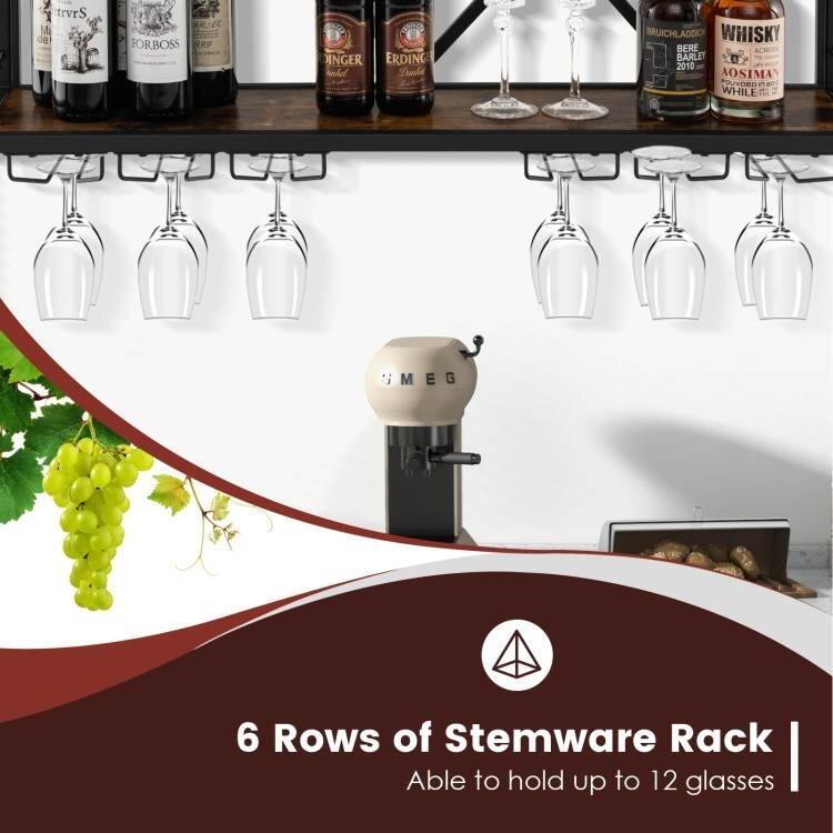 Rustic Brown-Black Engineered Wood Metal Wall-Mounted Wine Rack XL - 39.5" x 10" x 18"