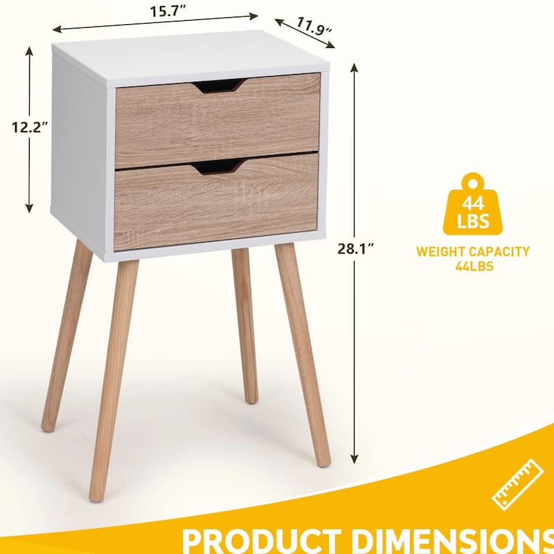 Nightstand with 2 Drawers, Solid Wood Legs, Bedside Table