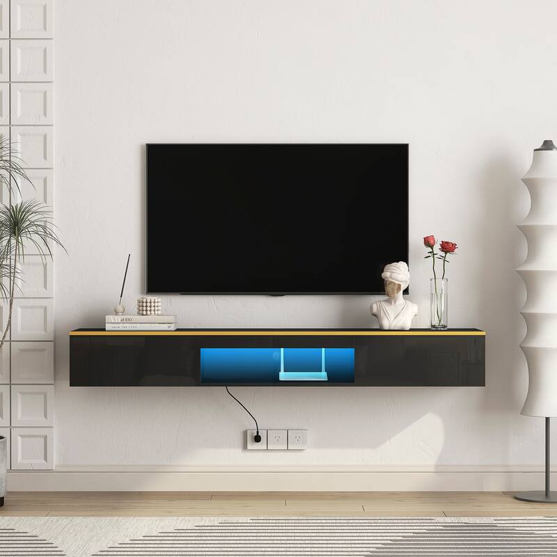 63" Wall Mount TV Bracket with Open Storage, Modern LED Floating TV Cabinet, Wood Entertainment Center for TVs Up to 60" - Black