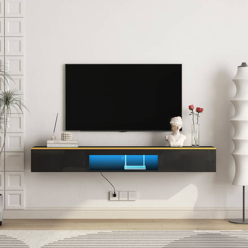 Floating TV Stand Wall Mounted with 16 Color LEDs,69" Modern TV Stand, Floating TV Cabinet Entertainment Center - Black1