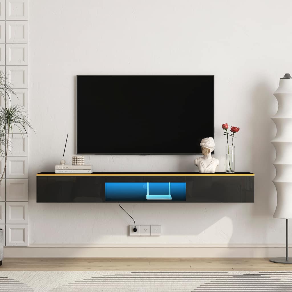Floating TV Stand Wall Mounted with 16 Color LEDs & Cable Management, 69" Modern TV Cabinet Entertainment Center with Storage