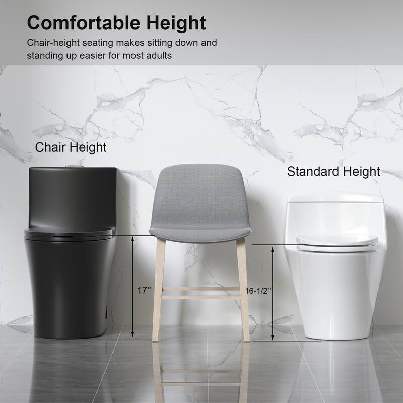 One Piece Elongated Toilet Tornado Flush. ADA Height 17 Inch. Dual Flush 1.1 1.6 GPF. MAP 1000g