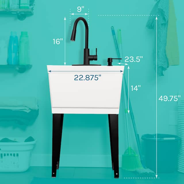 TEHILA Utility Sink Laundry Tub with Black High Arc Faucet and Soap Dispenser