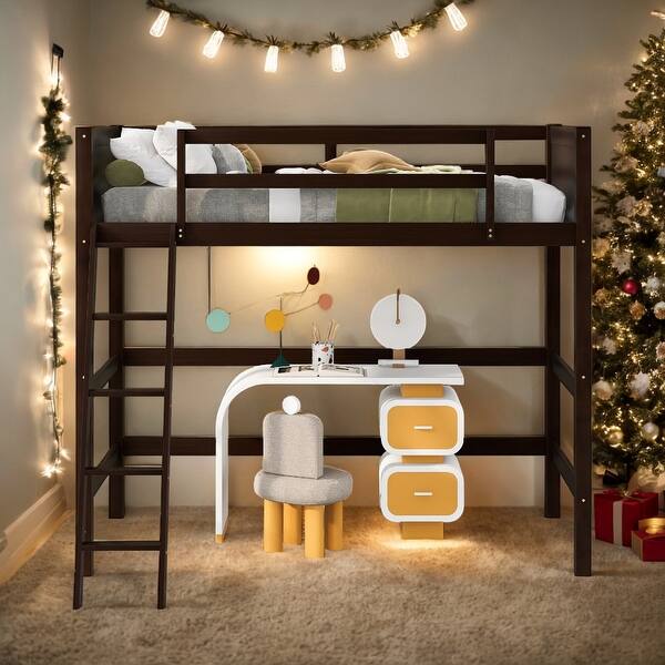 slide 2 of 27, Modern Twin Size Study Loft Bed With Ladder and Solid Wood For Bedroom,Dorm,Kids Espresso