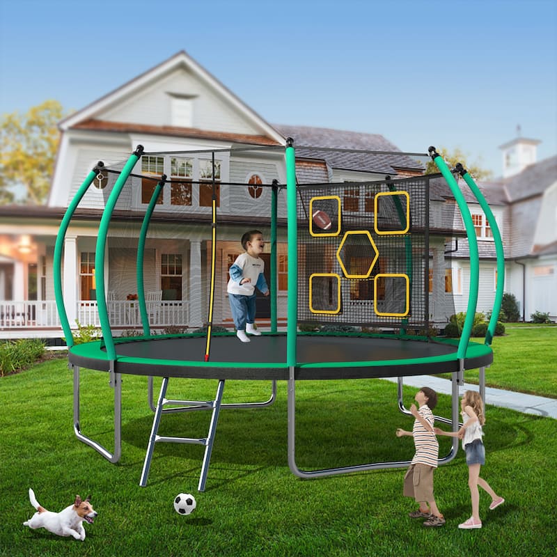 Kids Recreational Trampoline - Basketball Hoop, Safety Enclosure Net, Ladder, Easy Assembly - Black+Green - 168
