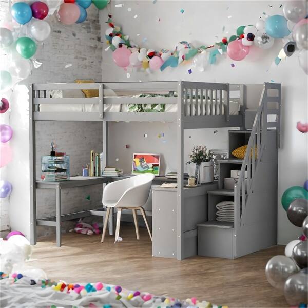 slide 2 of 12, Full Size Loft Bed with Desk and Storage Grey