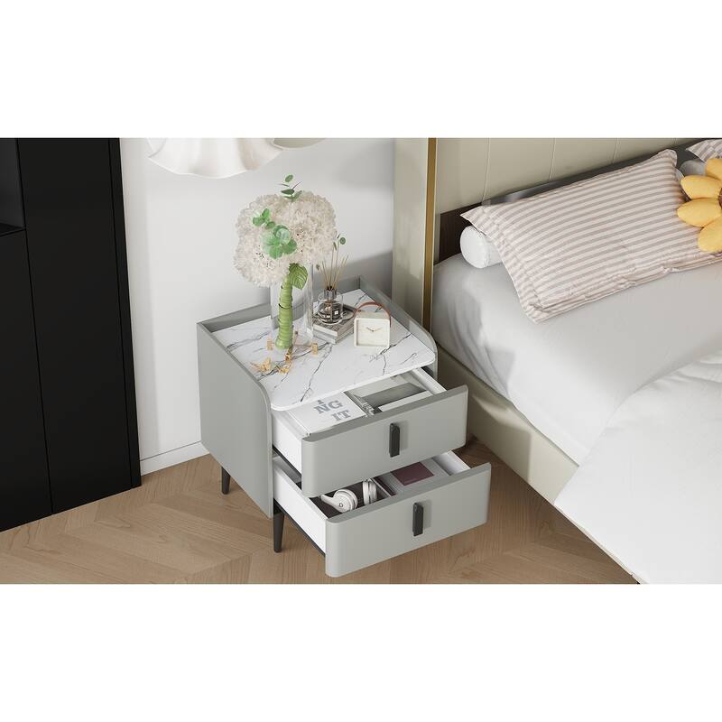 Modern 2-Drawer Nightstand with Marble-Pattern Top - Bedside/End Table for Bedroom/Living Room (Gray)