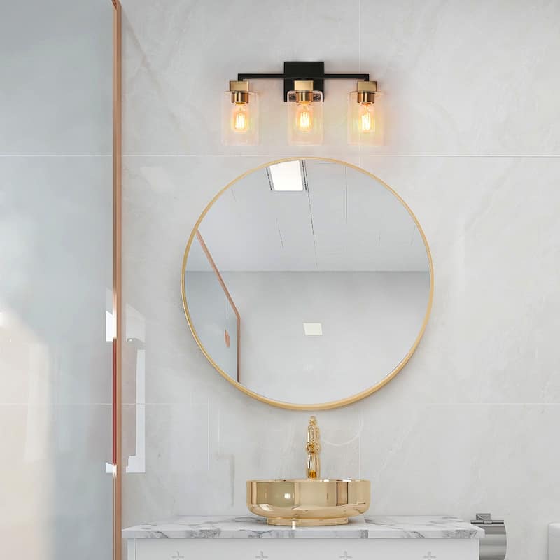 Modern 3-Light Black Gold Square Glass Bathroom Vanity Light Linear Wall Sconces