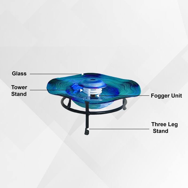 8in Tabletop Mist Fountain with LED Lights and Inline Control – Elegant Blue Glass and Metal Design, Tabletop Mist Fountain