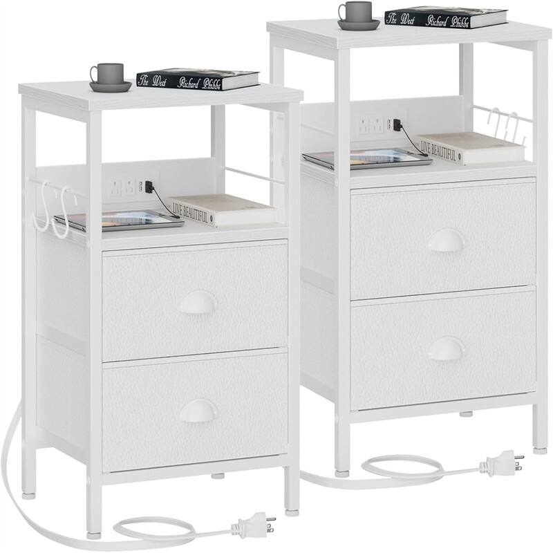 Nightstands Set of 2 End Tables with Charging Station and USB Ports - White+white - 2-drawer