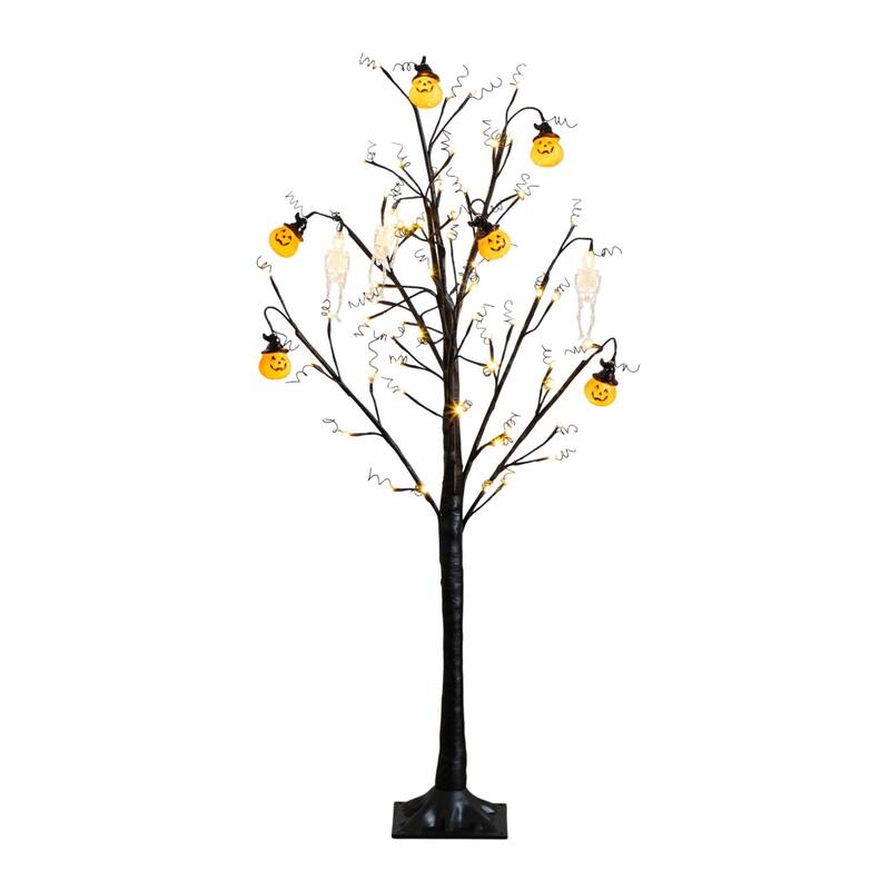 Pre-Lit Skulls and Pumpkins Artificial Halloween Twig Tree - 4' - LED Lights