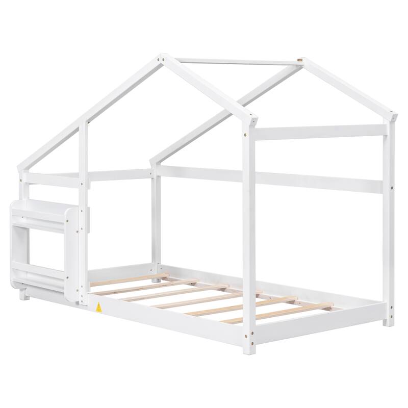 Floor Wooden House Bed with Shelf, No Box Spring Needed