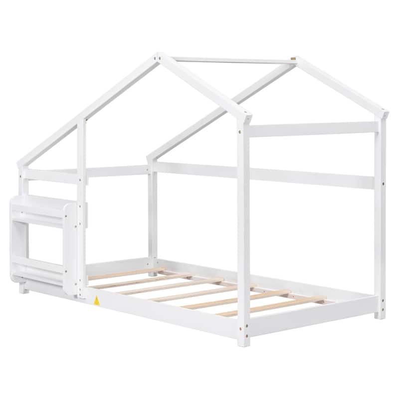 White Twin Wooden House Floor Bed with Shelf & Roof