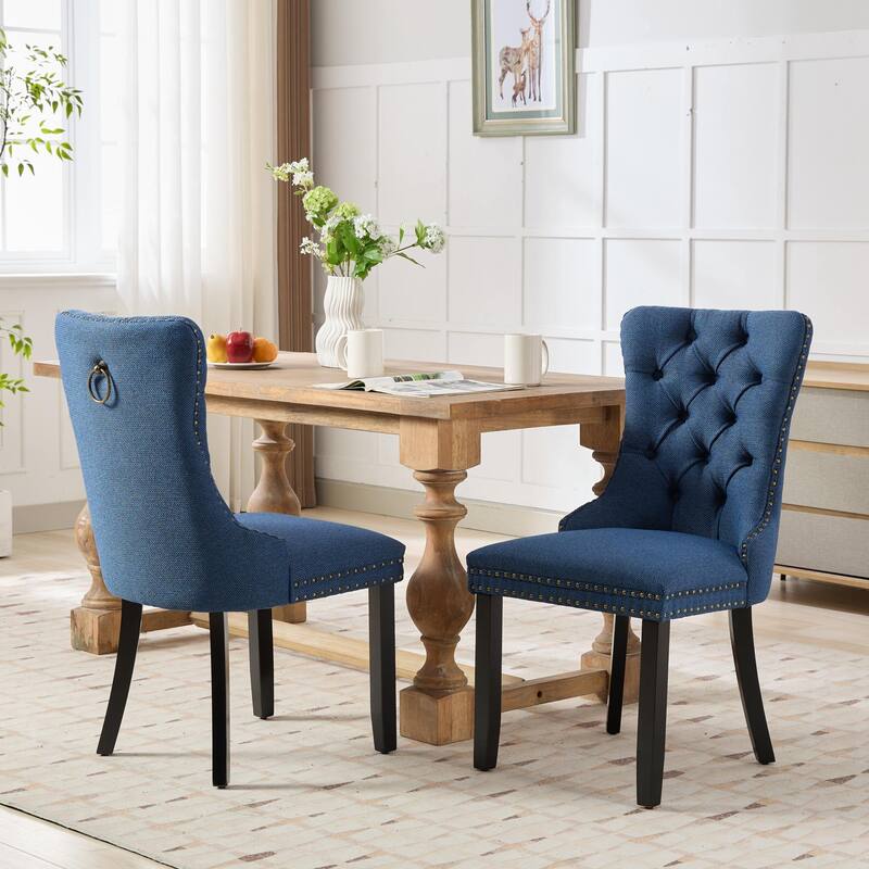 Set of 2 Linen Upholstered Dining Chair with Wood Legs, Nailhead Trim - Blue