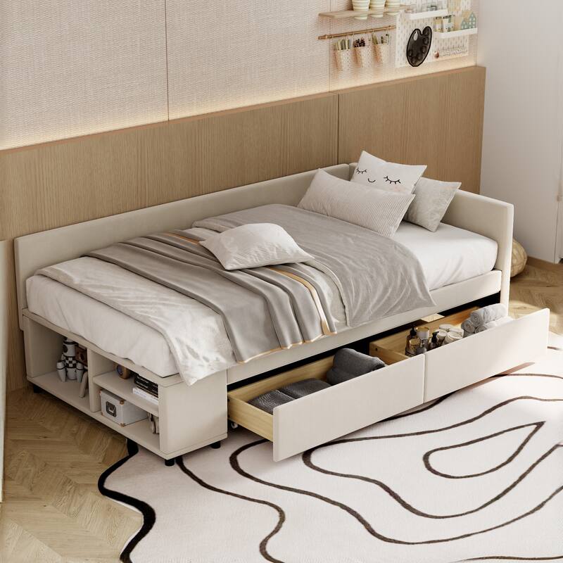 L-Shaped Twin Size Upholstered Platform Bed with Storage Drawers, Beige