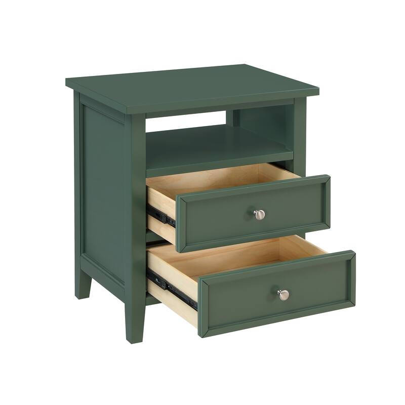 2- Drawer Nightstand with Nickel Knobs and Open Shelf Solid Wood Construction