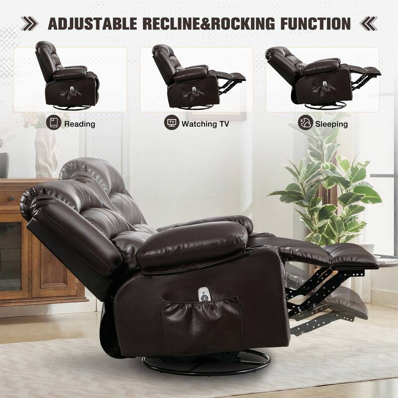 Recliner Chair with Massage & Heat, PU Leather Swivel Recliner, Electric Recliner with Side Pocket 2 Cup Holders & USB Port