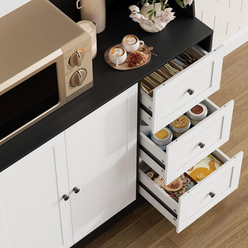 67" Tall Kitchen Hutch Storage Cabinet, Farmhosue Coffee Bar Cabinet with 3 Drawers