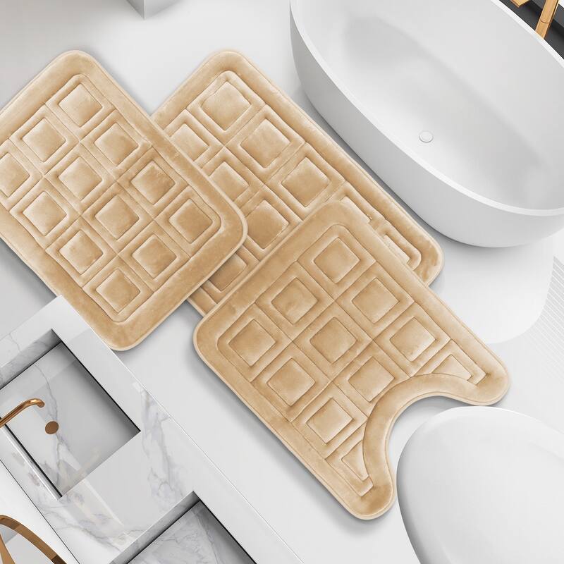 Clara Clark Ultra Soft Non Slip and Absorbent Bath Rug - Waffled Velvet Memory Foam Bath Mat - Small-Large-Contour (3PK) - Beige Cream