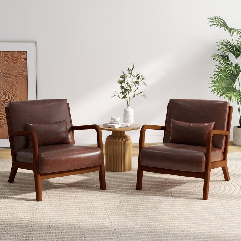 2 Set Mid Century ModernUpholstered Accent Chairs Armchair with Pillow - Dark Wood - Coffee & PU & Side Frame