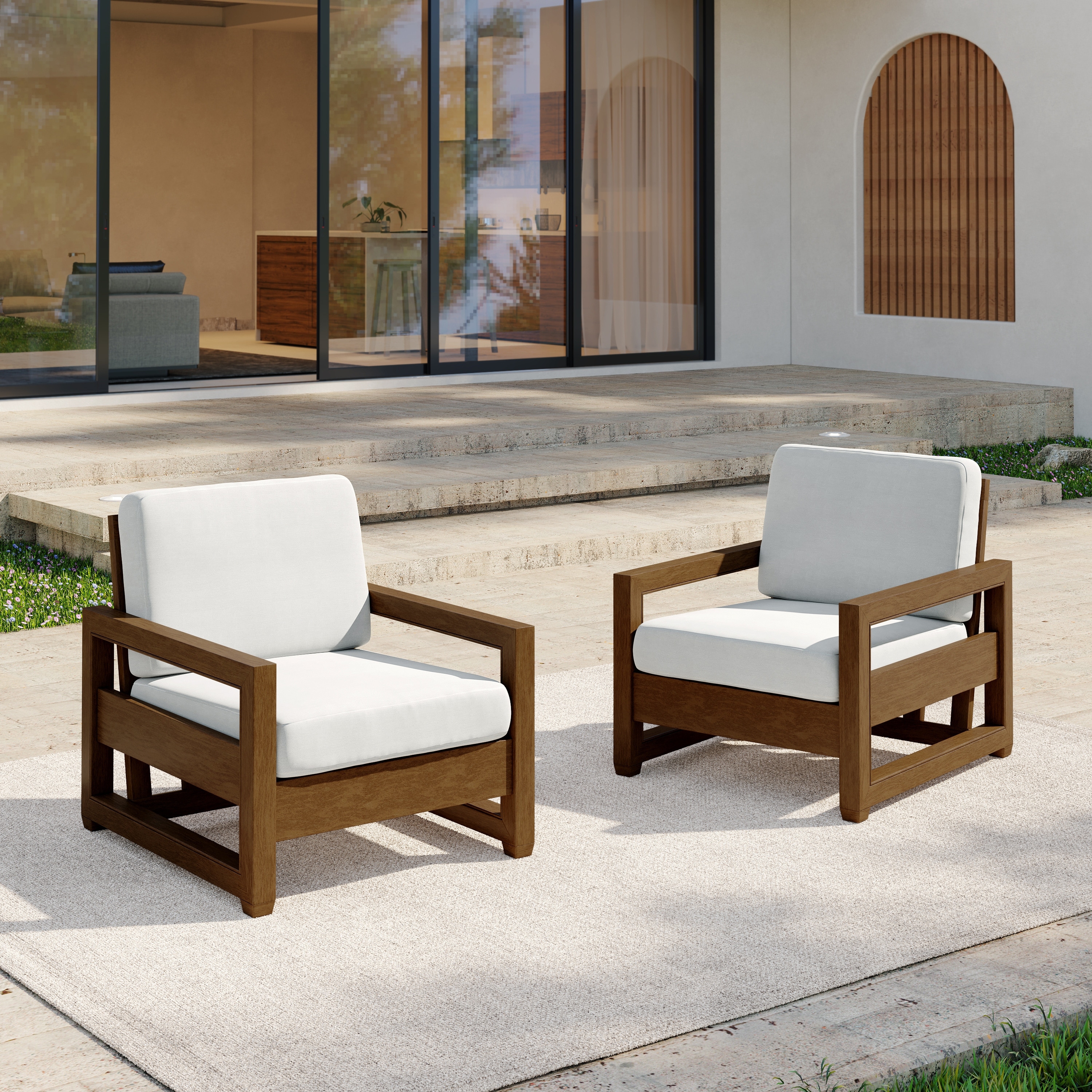 Set of 2 Cushioned Patio Armchairs Teak Wood Outdoor Lounge Chairs