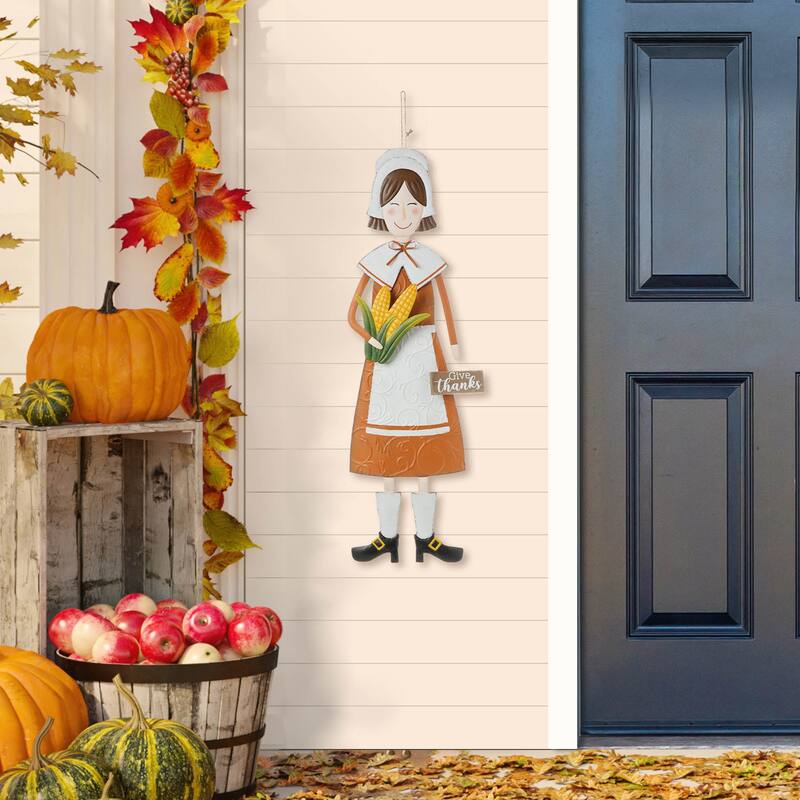 Glitzhome 36"H Fall Thanksgiving Metal Pilgrim Yard Stake Standing Hanging Decor (3 Functions)