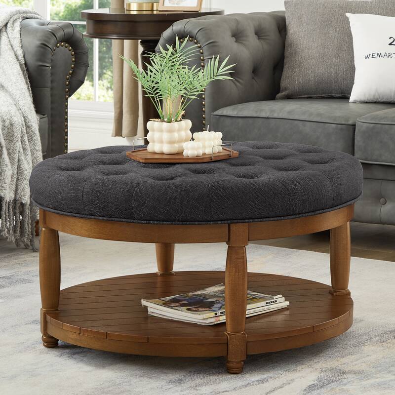 Large Round Tufted Linen Ottoman Coffee Table with Solid Wood Shelf - Charcoal Finish