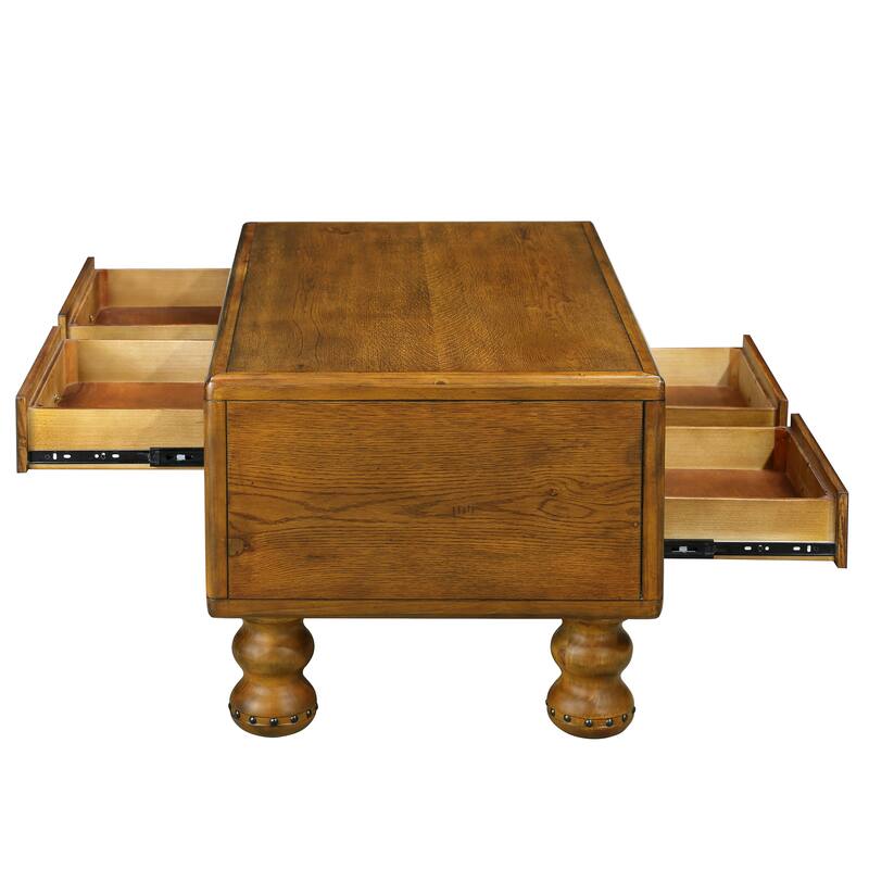Antique Color Solid Wood Rectangle Coffee Table - Center Table with 4 Drawers