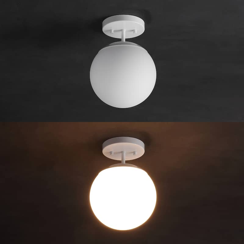 Galax Bistro 7.75" 1-Light Bohemian Farmhouse Iron/Frosted Glass LED Semi Flush Mount, Brass Gold/White by JONATHAN Y