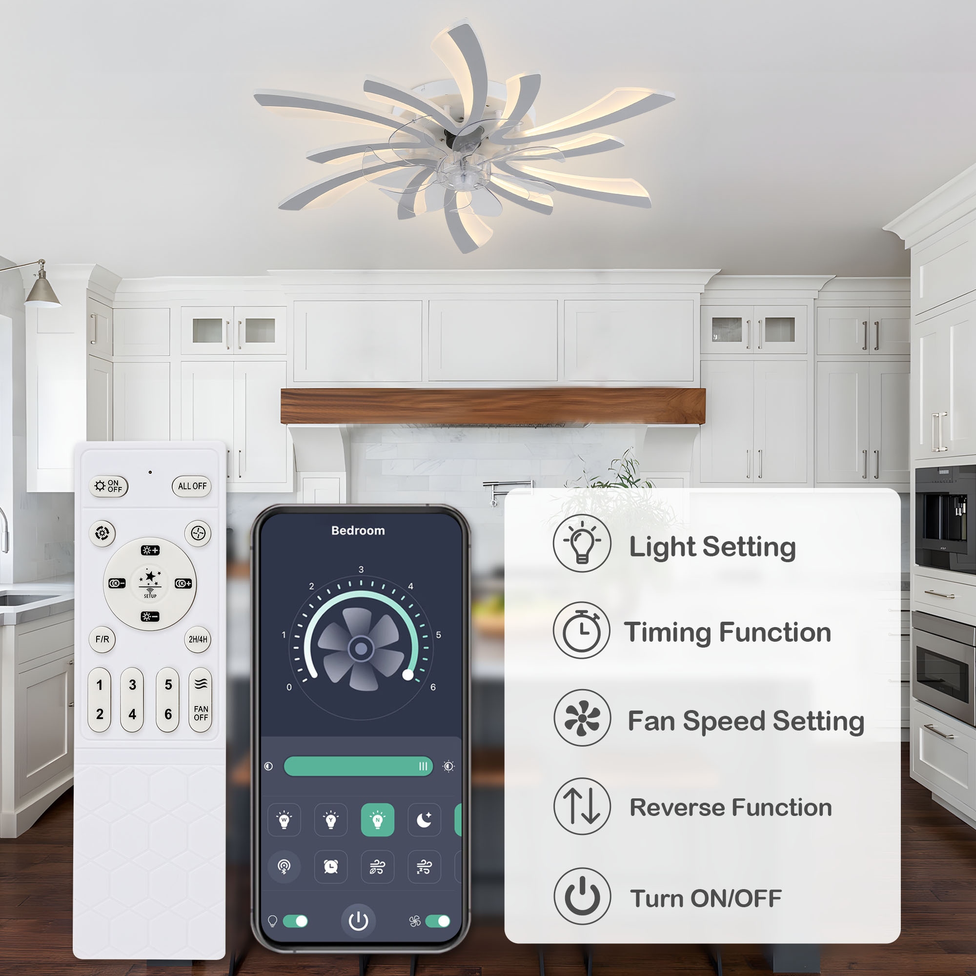 Chichoice 31" Modern Low Profile Flower Ceiling Fan with LED Light, Hidden Blade 6-Speed Flush Mount Fandelier with Remote/App