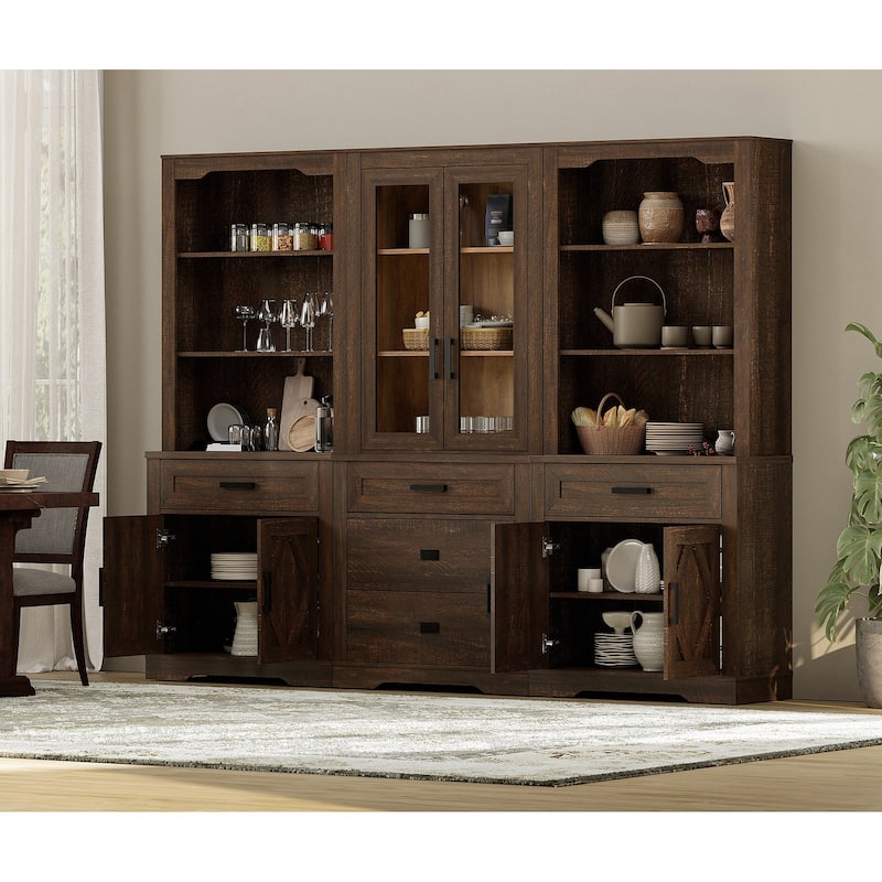 3-Column 73.3" Tall Bookshelf Set with Open Storage and Glass Doors