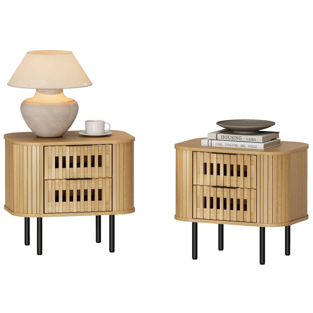 WAMPAT Fluted Nightstand with 2 Drawers,Wood End Table for Bedroom, Living Room