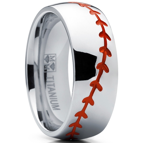 Oliveti Titanium Baseball Ring Band with Red Stitching, Dome Comfort Fit 8mm. Opens flyout.