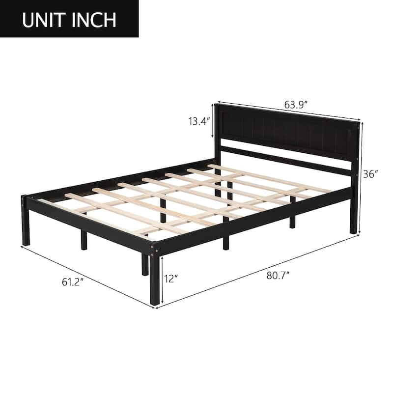 Queen Espresso Platform Bed Frame with Headboard, Wood Slat Support, No Box Spring Needed