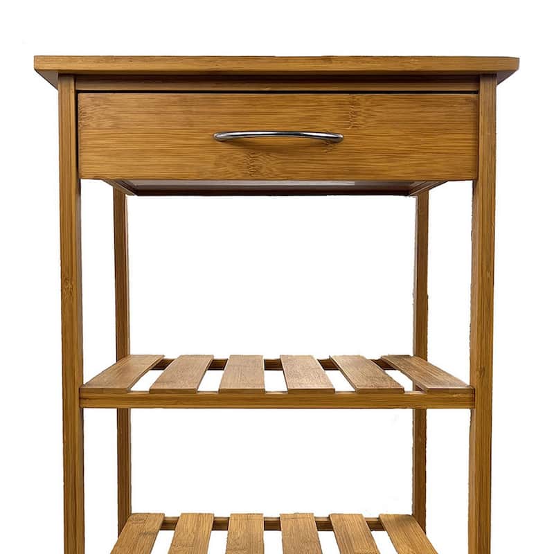 Harry Kitchen Bar Cart, 1 Drawer, 3 Shelves, Brown Bamboo, Rolling Wheels