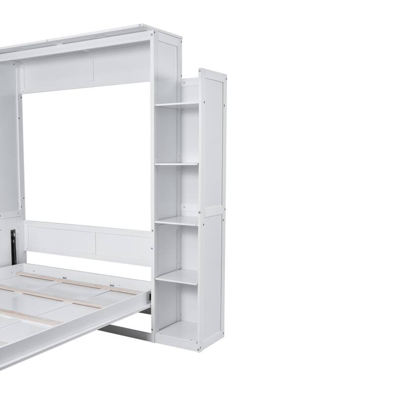 Queen Size Wooden Wall Murphy Bed with Side Bookshelf & LED Lights