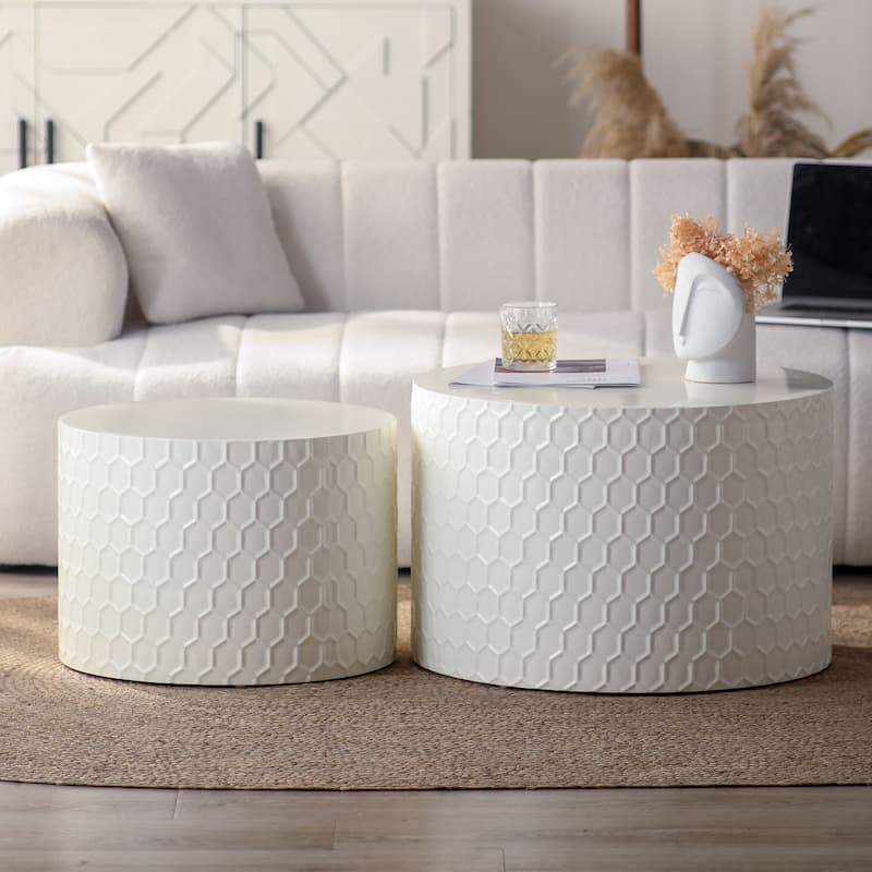Stylish Nesting Coffee Table Set Modern Round Coffee Table with Honeycomb Design, for Living Room, 2-Piece Set - Beige