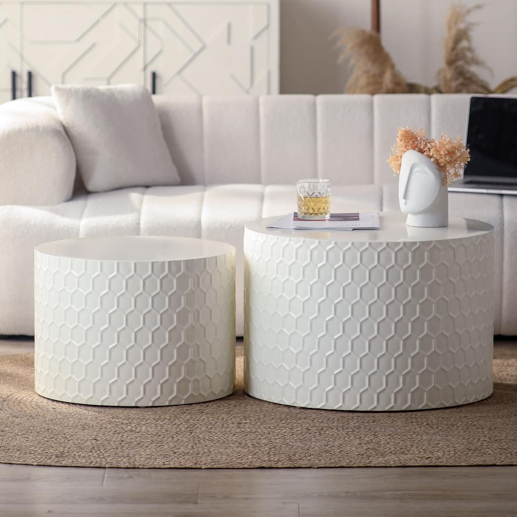 Stylish Nesting Coffee Table Set Modern Round Coffee Table with Honeycomb Design, for Living Room, 2-Piece Set